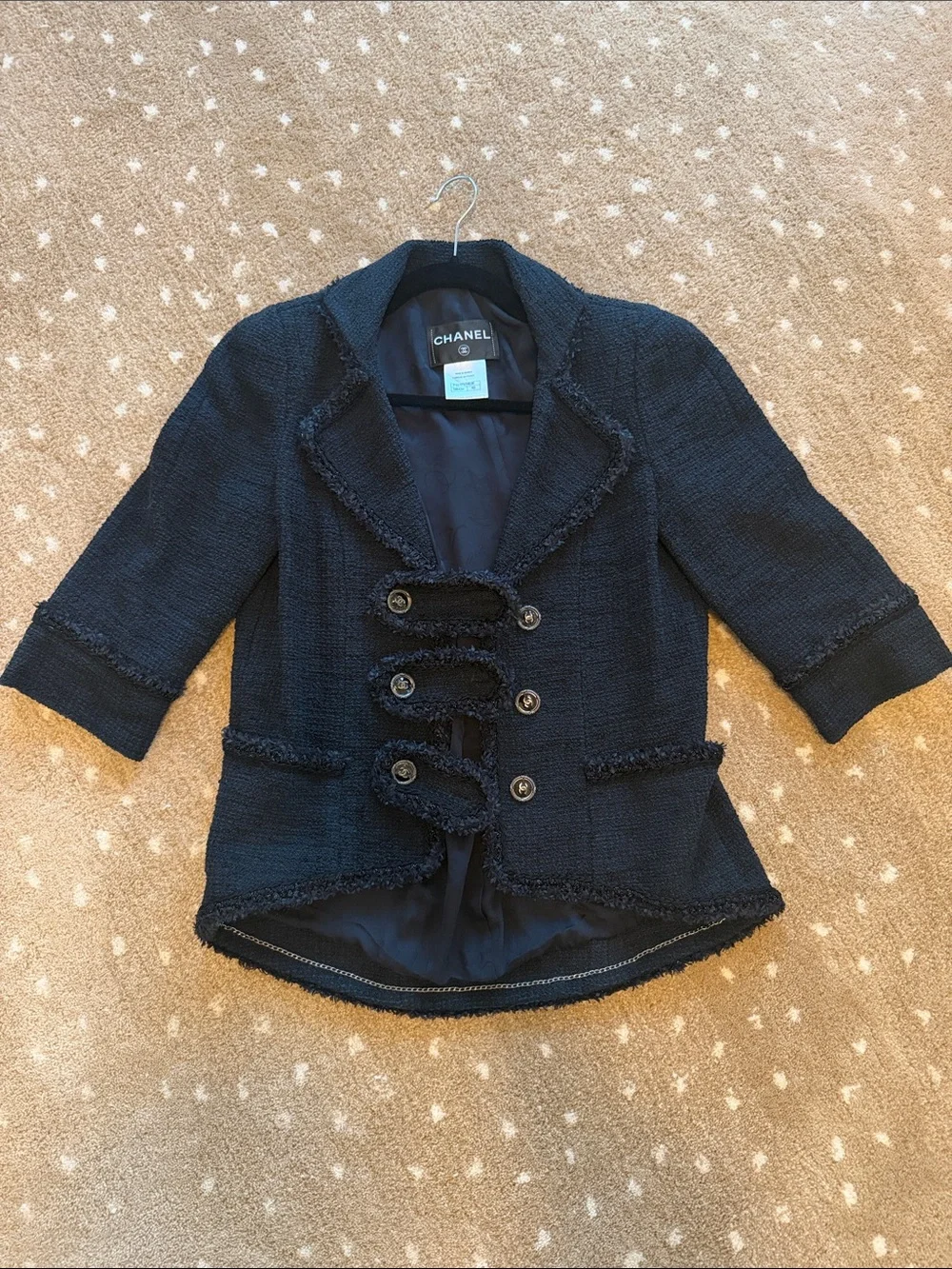 Vintage Chanel Tweed Blazer Jacket, Navy, size 40, silk-lined